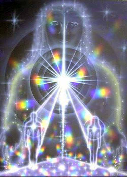 Glowing figure with light beams and smaller figures - Star Magic Healing