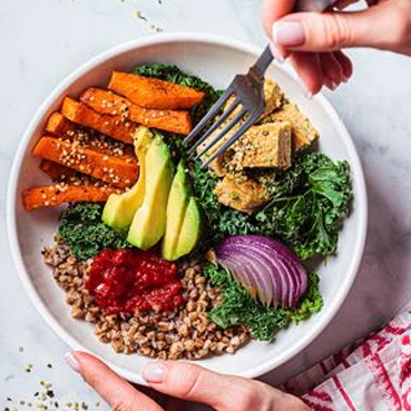 Healthy meal in a white bowl.