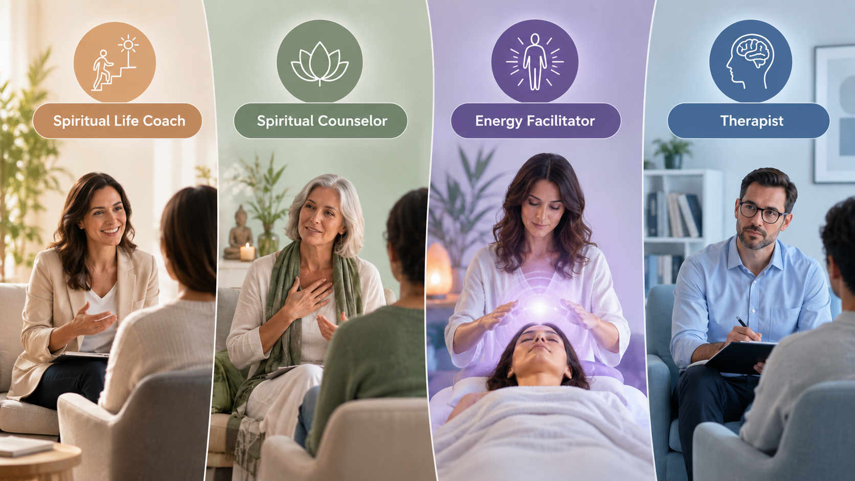 Professional comparison graphic showing four wellness roles: Spiritual Life Coach, Spiritual Counselor, Energy Facilitator, and Therapist, with distinct visual settings for each role.