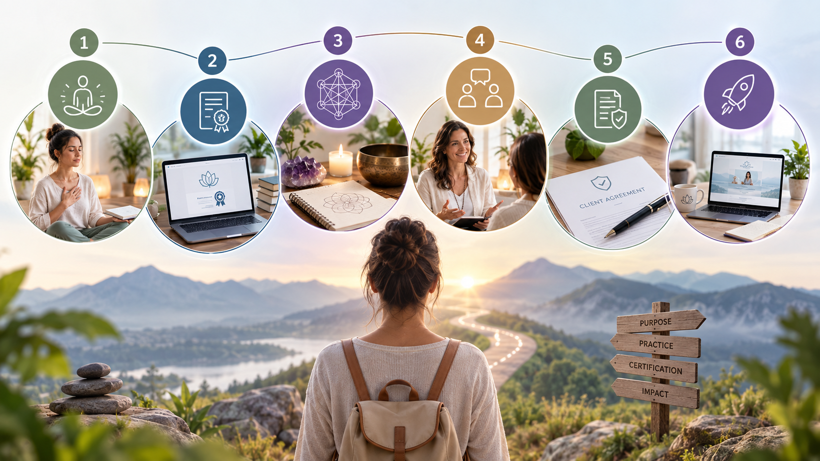 Six-step visual guide to becoming a certified spiritual life coach, covering personal practice, certification, energy tools, supervised facilitation, client boundaries, and launching services.