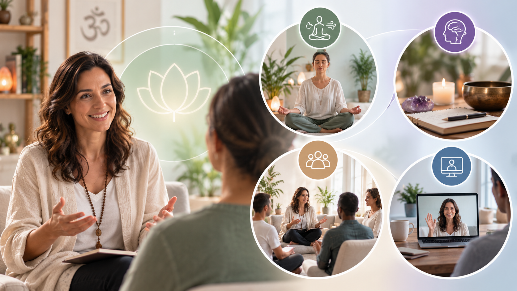 Spiritual life coach guiding a client through self-awareness and mindfulness, with visual scenes representing meditation, breathwork, group coaching, reflective practices, and remote sessions.