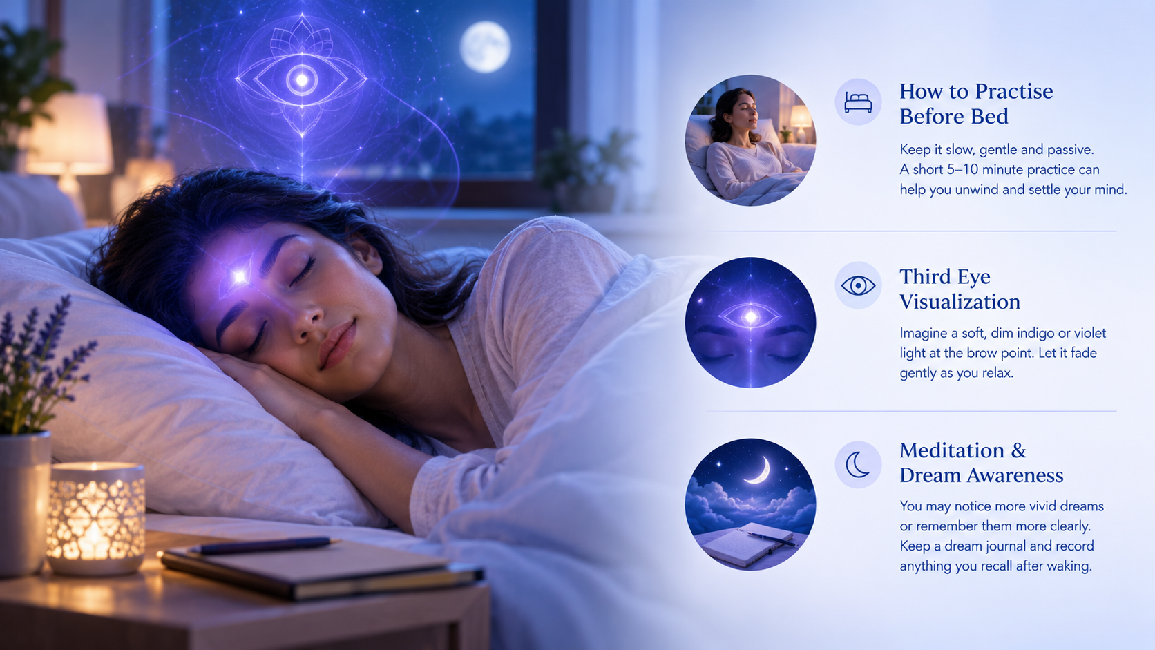 Peaceful woman practising third eye meditation before sleep, with a soft indigo glow at the brow, moonlit bedroom setting, dream imagery, and guidance for relaxation and dream awareness.