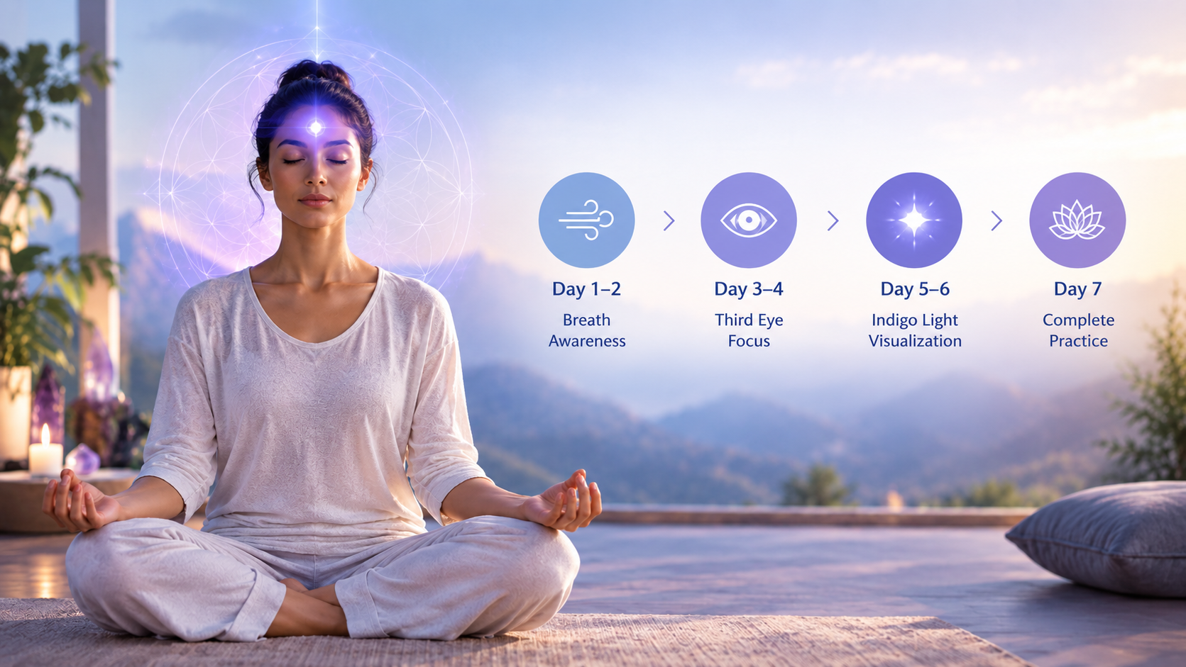 Seven-day third eye meditation practice showing a woman progressing from breath awareness to brow-point focus, visualisation and a complete meditation session in a calm spiritual setting.