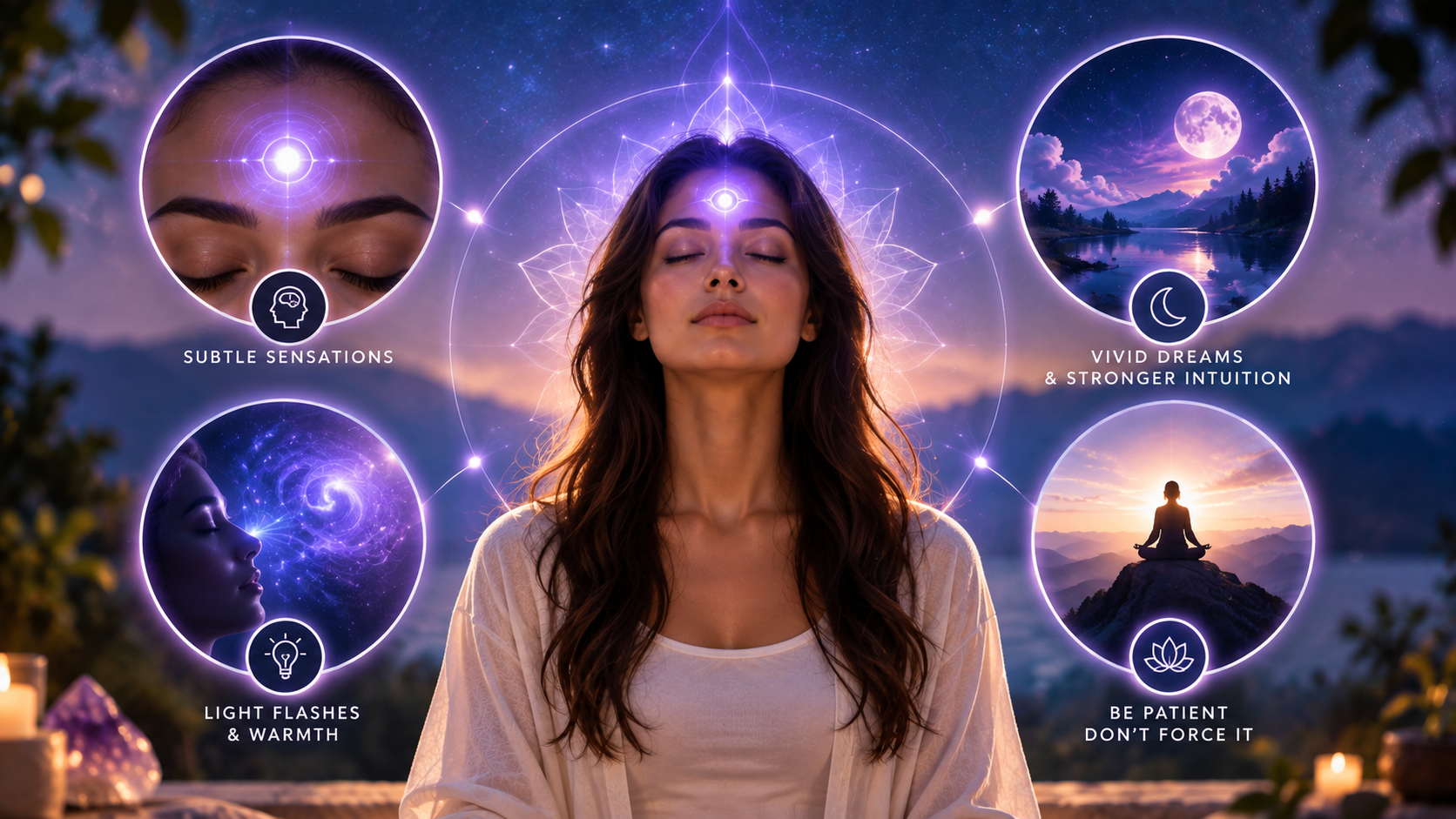 Woman meditating with a glowing third eye, surrounded by visual representations of subtle sensations, light flashes, vivid dreams, stronger intuition and the importance of patience during practice.