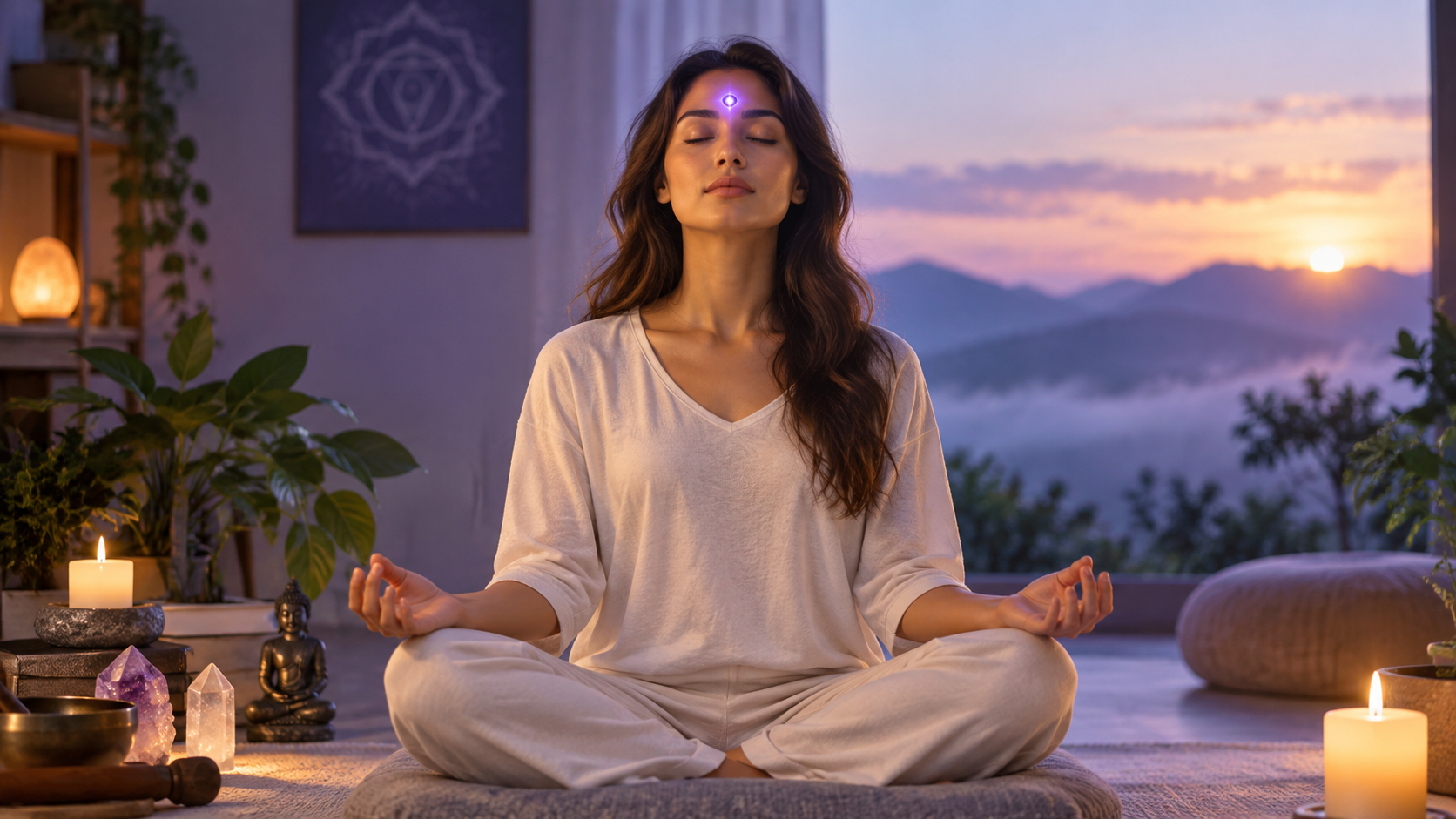 Woman practising third eye meditation in a peaceful room, seated cross-legged with eyes closed and a subtle violet glow at the brow, surrounded by candles, crystals and mountain views.