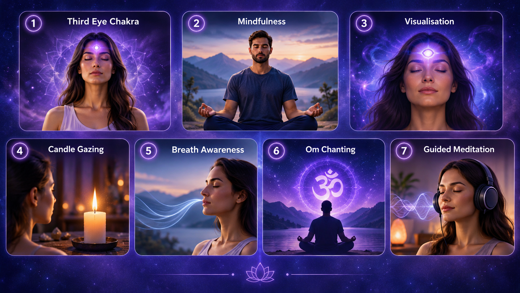 Seven third eye meditation techniques shown in a professional collage, featuring chakra meditation, mindfulness, visualisation, candle gazing, breath awareness, Om chanting and guided meditation.