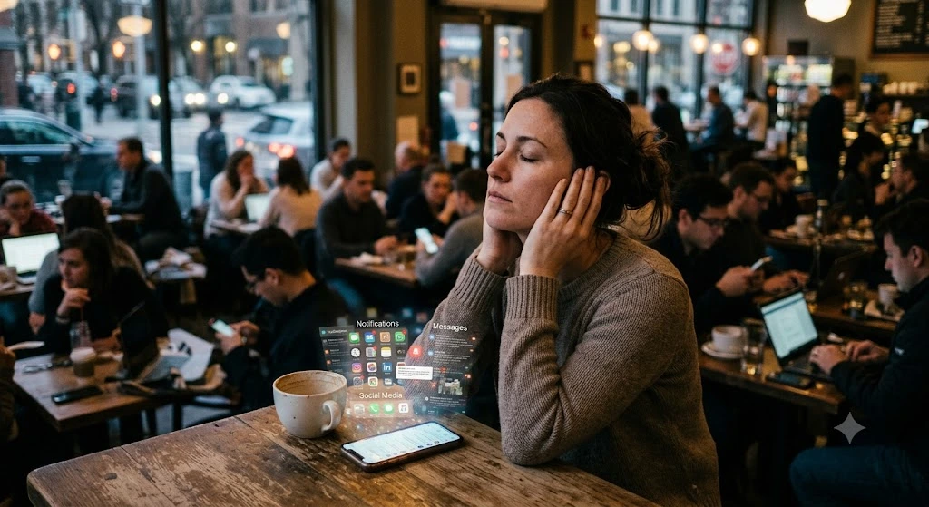 A woman sitting in a crowded café, holding her hands to her ears with her eyes closed as she tries to block out the overwhelming visual of apps and notifications floating above her phone on the table. 