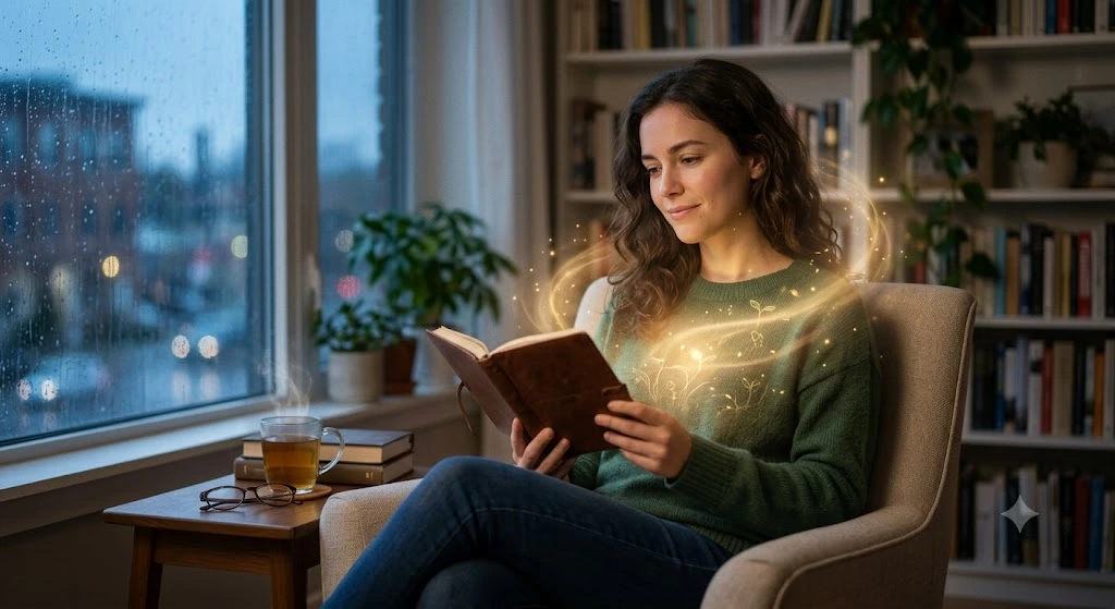 Woman reading a magically glowing book in a cozy armchair by a rainy window.